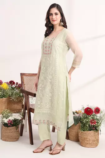  green poly chiffon embroidery straight kurta dupatta set