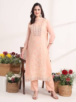  peach embroidery poly chiffon straight kurta dupatta set 1