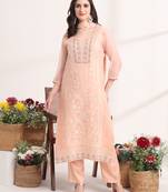  peach embroidery poly chiffon straight kurta dupatta set