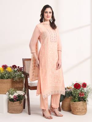  peach embroidery poly chiffon straight kurta dupatta set 2