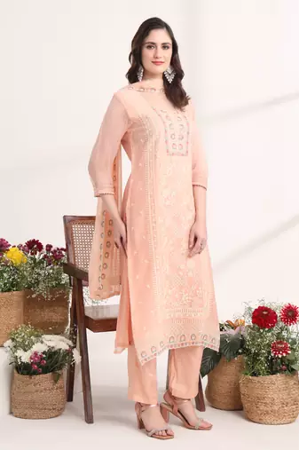 peach embroidery poly chiffon straight kurta dupatta set