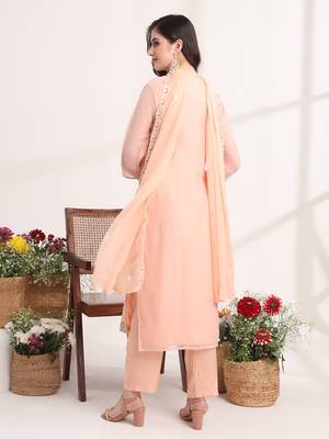  peach embroidery poly chiffon straight kurta dupatta set 3