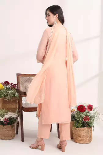  peach embroidery poly chiffon straight kurta dupatta set
