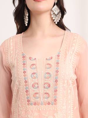  peach embroidery poly chiffon straight kurta dupatta set 4
