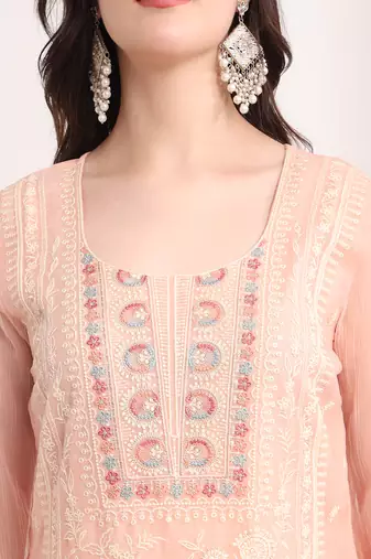  peach embroidery poly chiffon straight kurta dupatta set