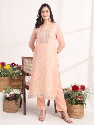  peach embroidery poly chiffon straight kurta dupatta set 5