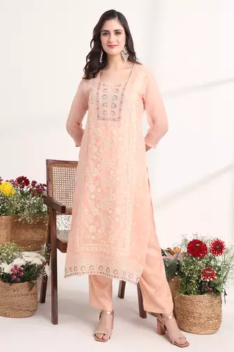  peach embroidery poly chiffon straight kurta dupatta set
