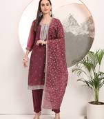 burgundy organza embroidery straight kurta dupatta set