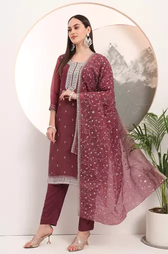 burgundy organza embroidery straight kurta dupatta set
