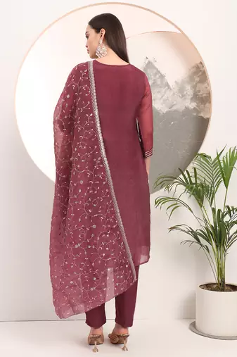 burgundy organza embroidery straight kurta dupatta set