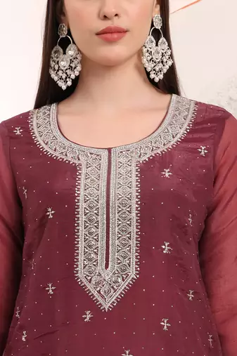  burgundy organza embroidery straight kurta dupatta set