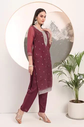  burgundy organza embroidery straight kurta dupatta set