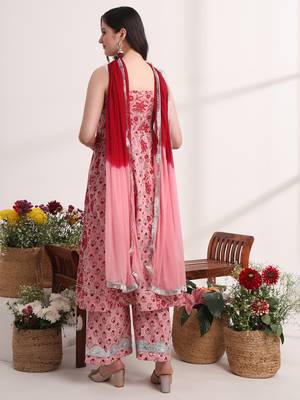  pink floral print anarkali kurta and trouser with dupatta set 2