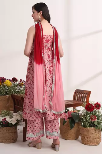  pink floral print anarkali kurta and trouser with dupatta set