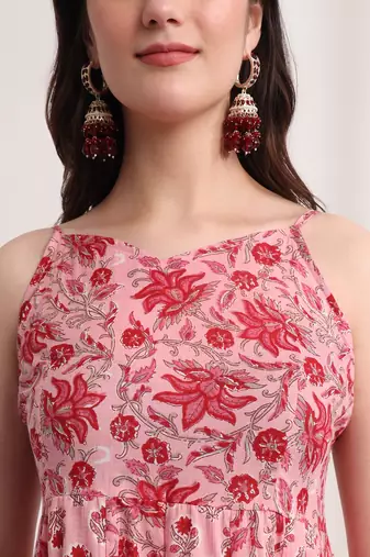  pink floral print anarkali kurta and trouser with dupatta set