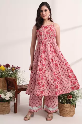  pink floral print anarkali kurta and trouser with dupatta set