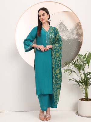  teal green thread work kurta trouser and dupatta set 1