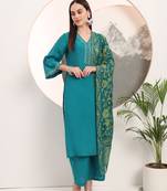  teal green thread work kurta trouser and dupatta set