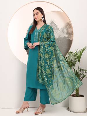  teal green thread work kurta trouser and dupatta set 2