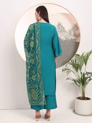  teal green thread work kurta trouser and dupatta set 3
