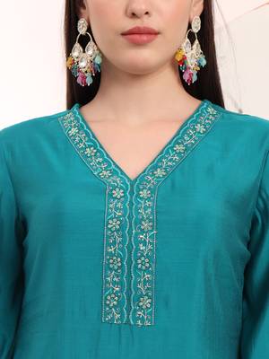  teal green thread work kurta trouser and dupatta set 4