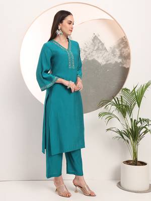  teal green thread work kurta trouser and dupatta set 5