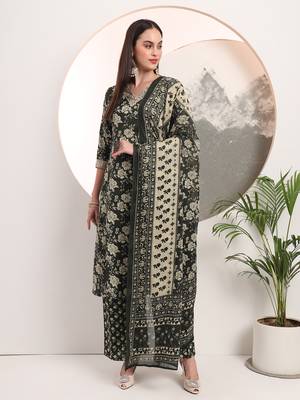  military green floral print a-line style kurta palazzo and dupatta set 1