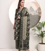  military green floral print a-line style kurta palazzo and dupatta set