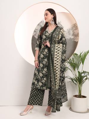  military green floral print a-line style kurta palazzo and dupatta set 2