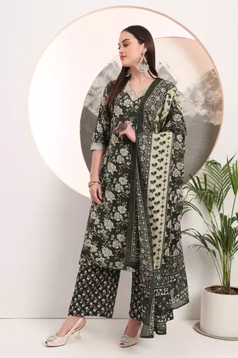  military green floral print a-line style kurta palazzo and dupatta set
