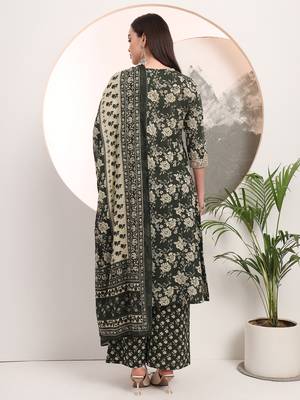  military green floral print a-line style kurta palazzo and dupatta set 3