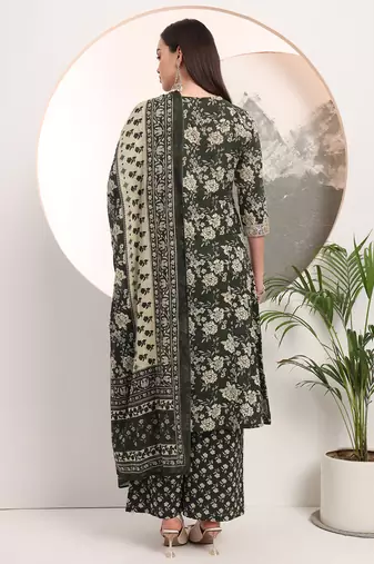  military green floral print a-line style kurta palazzo and dupatta set