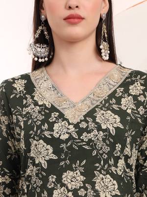 military green floral print a-line style kurta palazzo and dupatta set 4