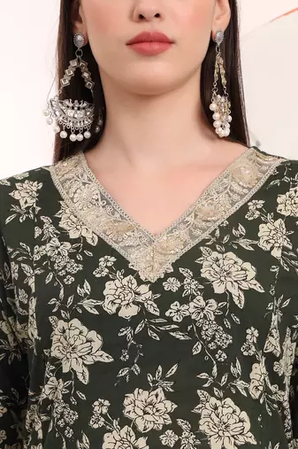  military green floral print a-line style kurta palazzo and dupatta set