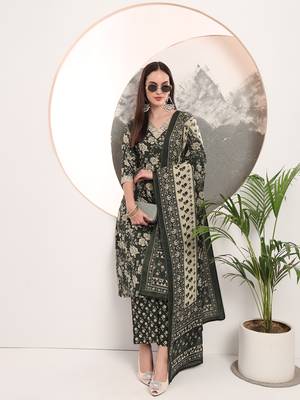  military green floral print a-line style kurta palazzo and dupatta set 5