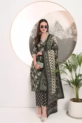  military green floral print a-line style kurta palazzo and dupatta set