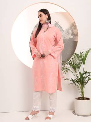  pink floral printed straight kurta trouser dupatta set 2