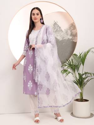  purple floral printed straight kurta trouser dupatta set 1