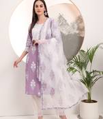  purple floral printed straight kurta trouser dupatta set