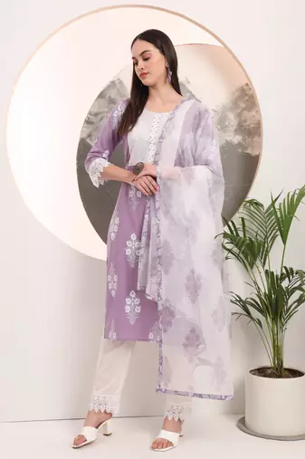  purple floral printed straight kurta trouser dupatta set