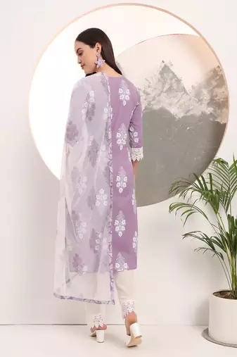  purple floral printed straight kurta trouser dupatta set