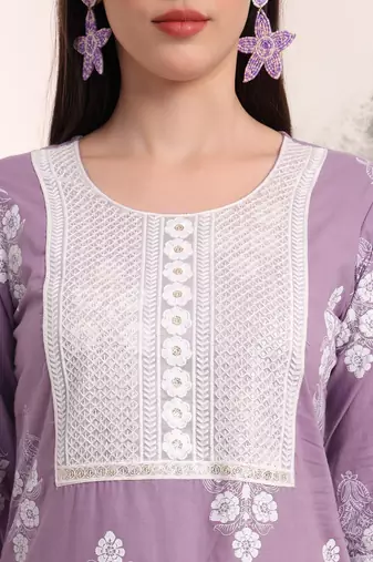  purple floral printed straight kurta trouser dupatta set