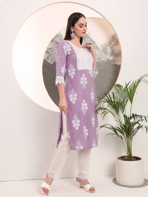  purple floral printed straight kurta trouser dupatta set 5