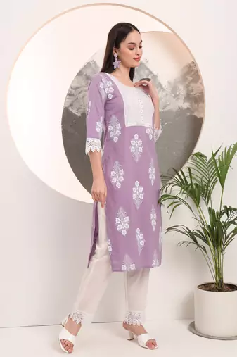  purple floral printed straight kurta trouser dupatta set