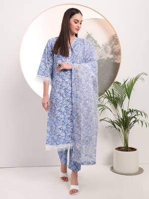  blue floral lace work straight kurta pant dupatta set 1