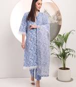  blue floral lace work straight kurta pant dupatta set