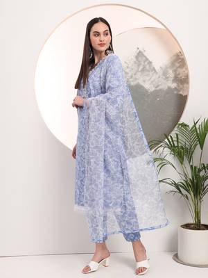  blue floral lace work straight kurta pant dupatta set 2