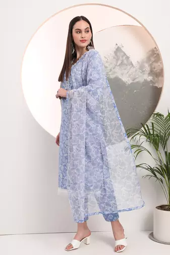  blue floral lace work straight kurta pant dupatta set