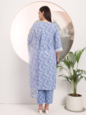  blue floral lace work straight kurta pant dupatta set 3