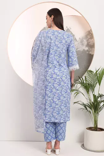  blue floral lace work straight kurta pant dupatta set
